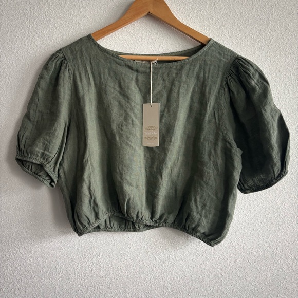 NWT Bellambra Made in Italy 100% Linen Oil Green Smocked Boho Puff Sleeve Top - Picture 2 of 9